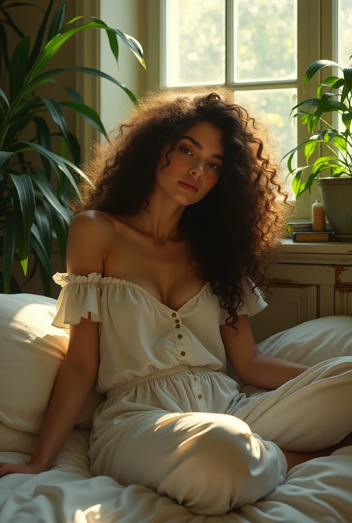 (photorealism:1.2), beautiful woman, sitting on bed, wearing loose off-shoulder top, pajama pants, long curly hair, indoors, soft lighting, plants in background, window with sunlight, cozy room, relaxed pose, realistic, intricate details, warm colors, by Greg Rutkowski, by Alphonse Mucha,