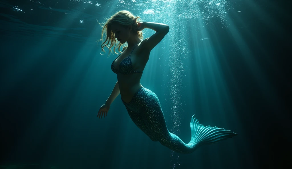 Seductive Mermaid in Midnight Depths: A sultry mermaid with an alluringly exposed form dances gracefully in the deep sea, bathed in dark, swirling water. Her tail sparkles with a deep, seductive shimmer, and the dark dubstep beats create a rhythm that echoes through the underwater realm. The scene is enveloped in shadows and bioluminescent highlights, offering an enticing, otherworldly escape. Aim for realistic depiction, make sure photos are at highest resolution (8K).