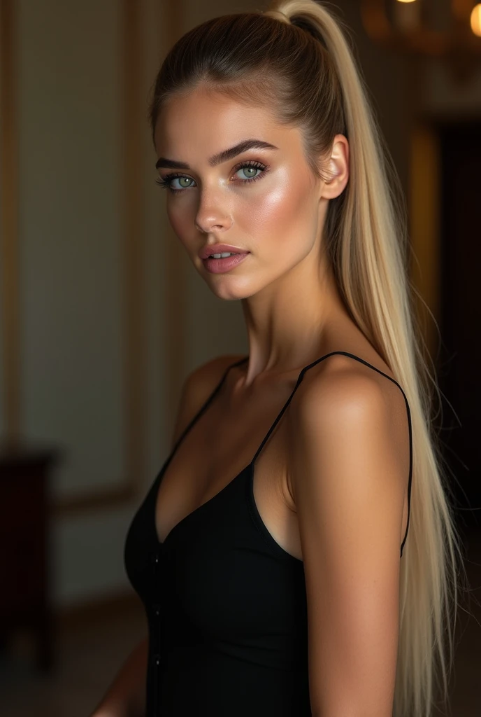 a very realistic and detailed photo of beautiful young french girl, tight black dress, perfect makeup, long straight sleek ponytail blonde hair, high quality, photorealistic, 8k, luxury, elegant, sophisticated, confident, studio lighting, cinematic, glowing skin, piercing eyes, full lips, sharp focus