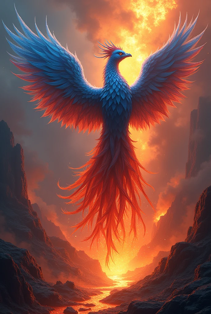 Phoenix from the back, rising from a volcano, blue and red colors, realist