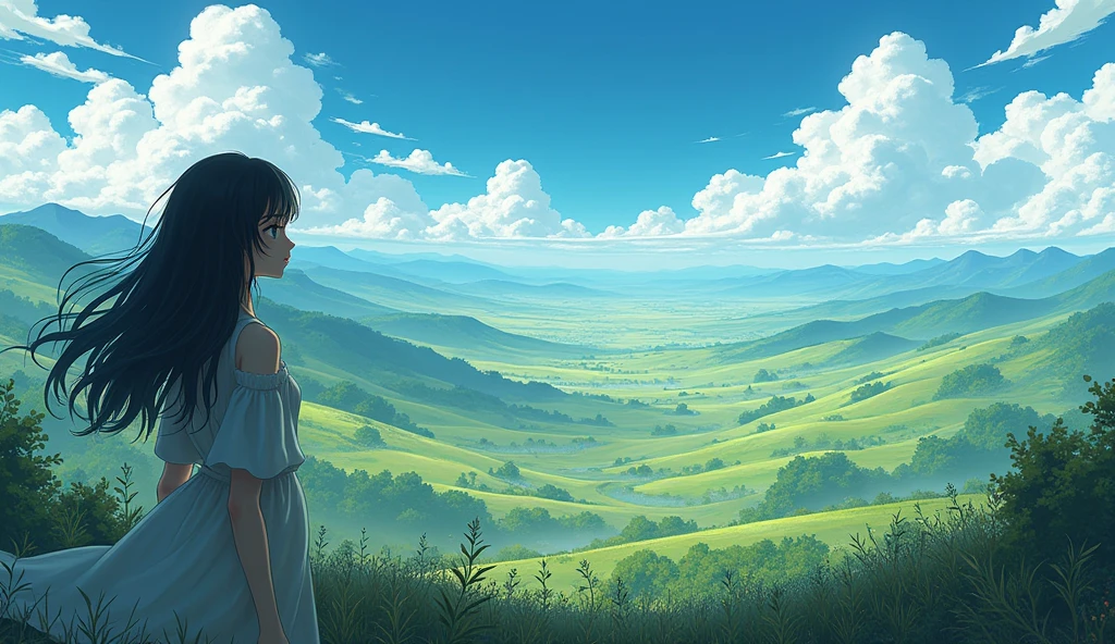 Panoramic anime black hair girl