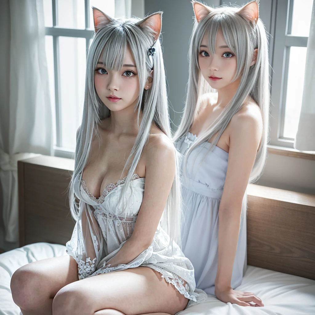 Long hair anime girl sitting on the bed, Cat ear, From the front of the girl, Cute anime waifu in beautiful clothes, Enchanting anime girl, White-haired God, Exquisite detail. dress, Anime 4k,