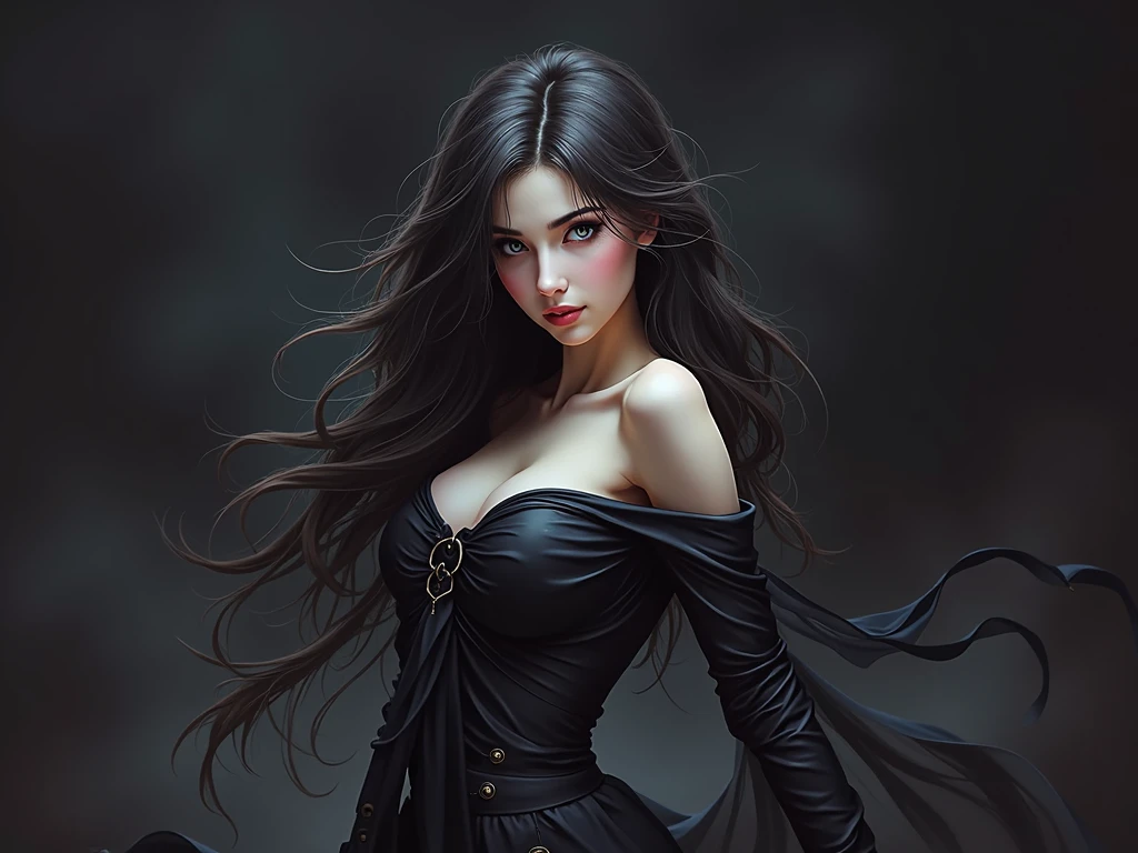 a beautiful dark-haired woman with piercing eyes, detailed facial features, long flowing hair, femme fatale, realistic portrait, photorealistic, high-quality, dramatic lighting, chiaroscuro, deep shadows, intense gaze, mysterious expression, (best quality,4k,8k,highres,masterpiece:1.2),ultra-detailed,(realistic,photorealistic,photo-realistic:1.37),dramatic lighting,chiaroscuro,deep shadows,intense gaze,mysterious expression,