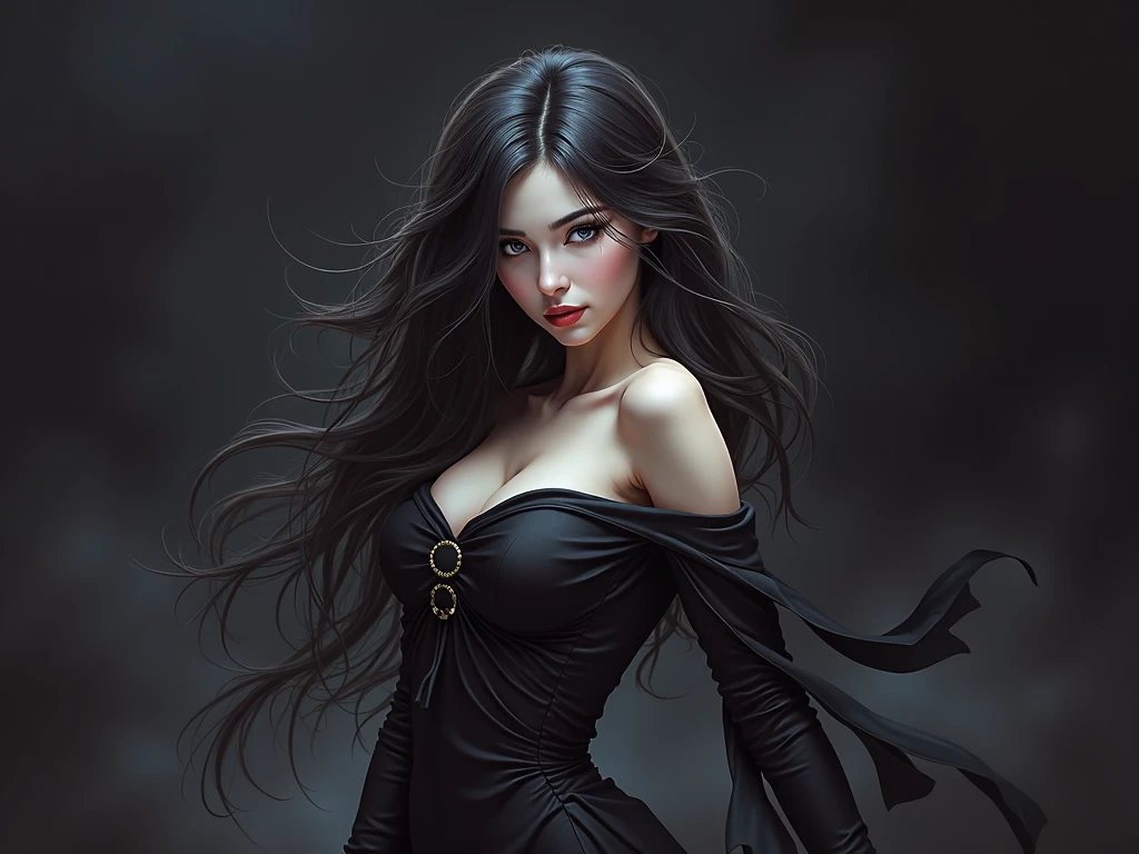 a beautiful dark-haired woman with piercing eyes, detailed facial features, long flowing hair, femme fatale, realistic portrait, photorealistic, high-quality, dramatic lighting, chiaroscuro, deep shadows, intense gaze, mysterious expression, (best quality,4k,8k,highres,masterpiece:1.2),ultra-detailed,(realistic,photorealistic,photo-realistic:1.37),dramatic lighting,chiaroscuro,deep shadows,intense gaze,mysterious expression,