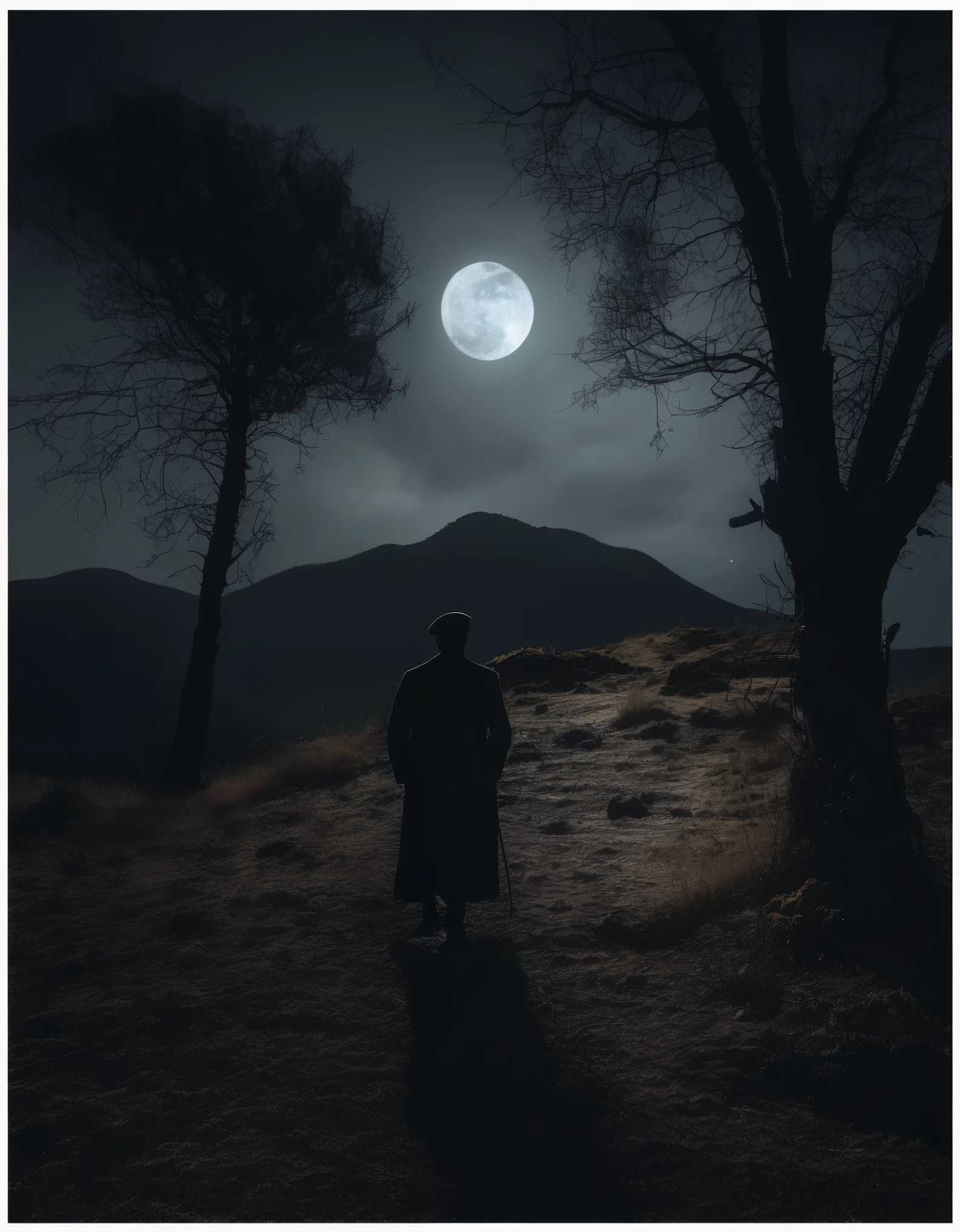 ((masterpiece)),((best quality)),8k,high detailed,ultra-detailed,portrait,((xingtian:2)),(headless:2),mouth in belly,eyes in nipples,(creepy atmosphere), (darkness:1.2), in a rural setting, on a desolate hill, eerie shadows cast by moonlight, dim and haunting, (sinister glow:1.4), Vignette effect, Surreal and unsettling composition, (isolated:0.8), emphasizing the horror in solitude,