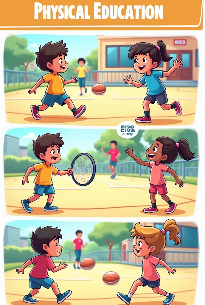 Make a sequence of 4 cartoon images that explain basic physical education