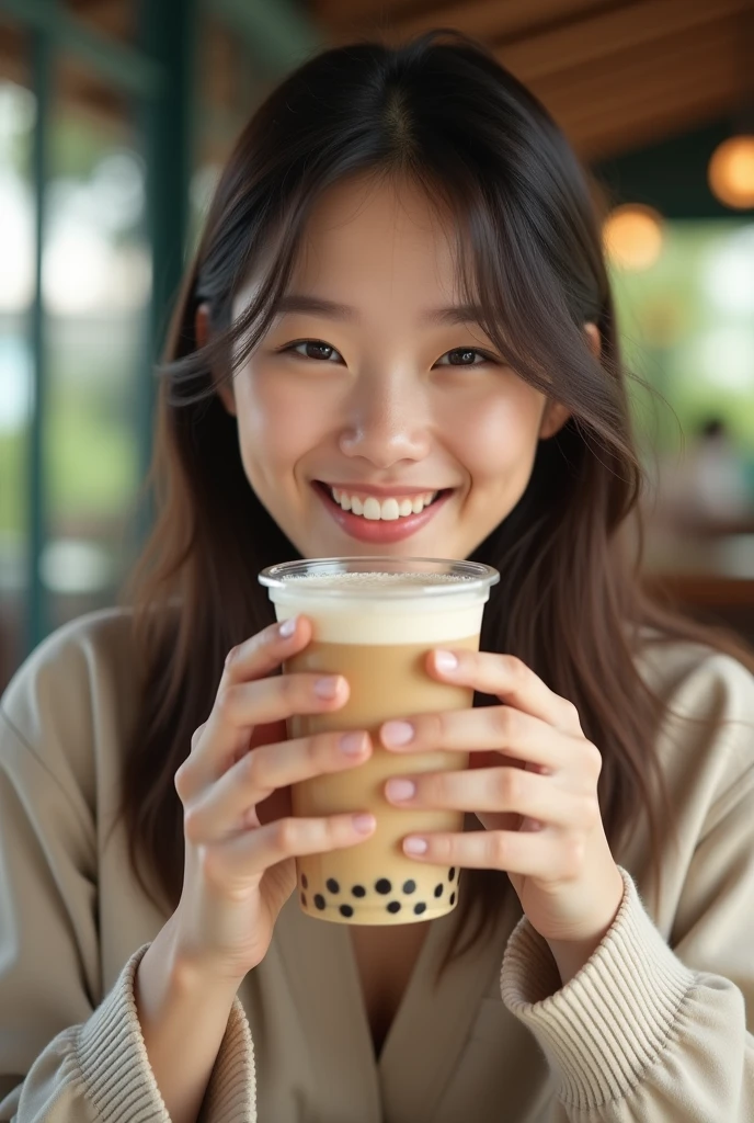 A photo of a person with milktea in sunday