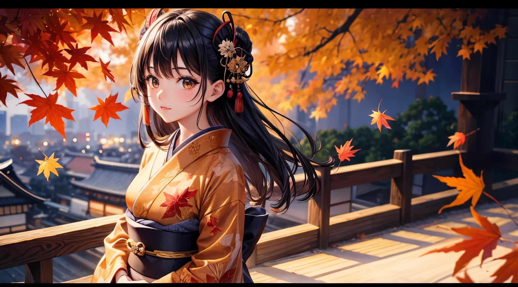 One Girl, Black Hair, Brown eyes, Wear a beautiful Japanese kimono, autumn leaves, Kyoto cityscape, night, High resolution, Ultra Sharp, 8k, masterpiece, View your audience