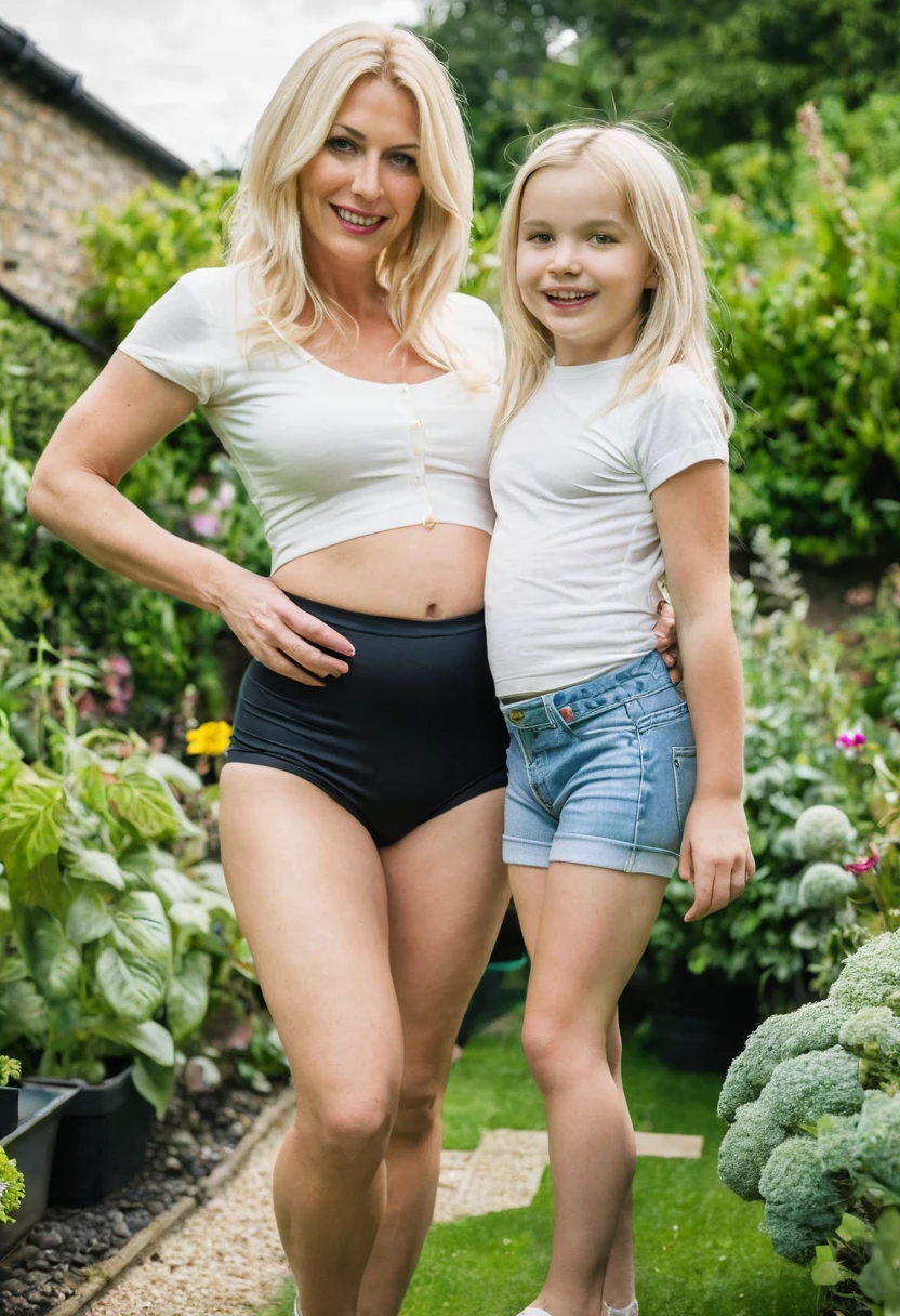 A mother, blonde hair, wearing a tight hot pants, and her very young daughter, in a garden