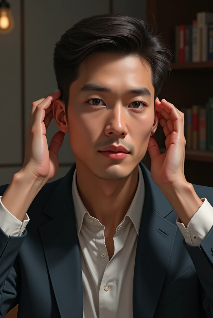 A 30 year old man Showing a man ears from back side
