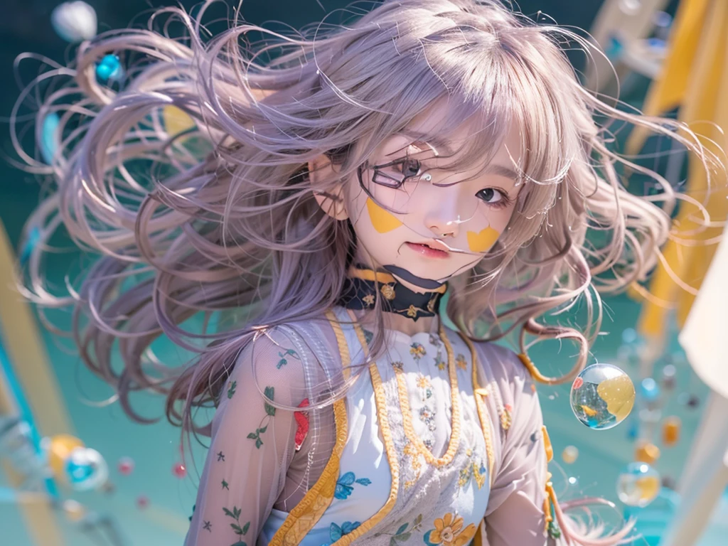 (((Tabletop))),(((Highest quality))),((Very detailed)),(Dynamic Angle), ((floating)),((Disheveled Hair)), (alone),(One Girl), ((small_chest)),Slender、 ((Beautifully detailed face)),collar,Exposing shoulders, Gray Hair, ((Colorful Hair)),((Striped Hair)), Beautiful attention to detail,(Gradient color eyes),(((Colorful eyes))), (((Colorful background))),(((High color saturation))),Colorful Bubbles,((The Shining))