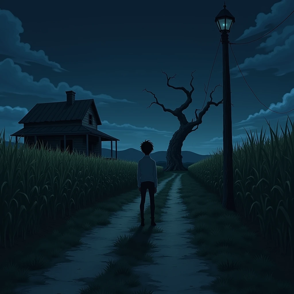 2D anime theme a rough old way midnight both sides of way fields of corn are present a terrible tree i , a rough  terrible house , rough lamppost 