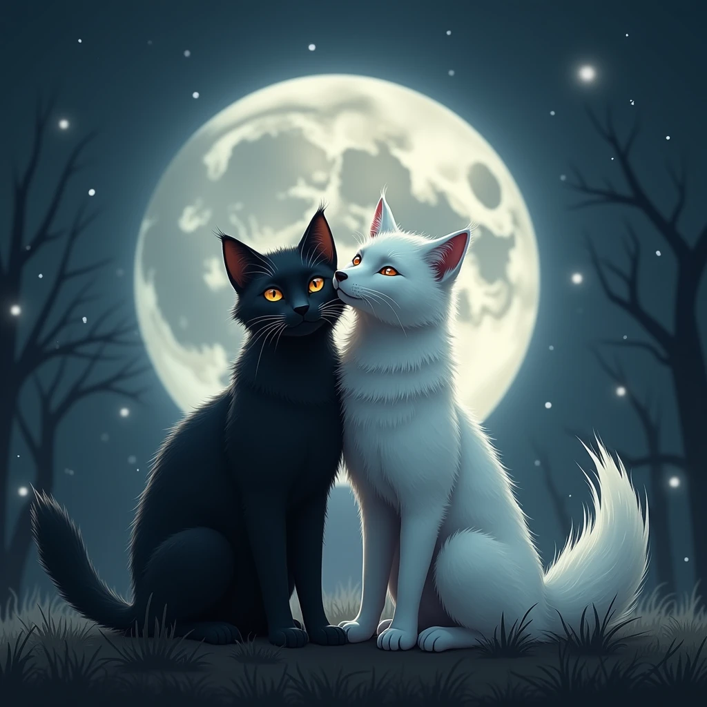 A black cat and a white fox lean on each other in the moonlight,Black cat in the arms of white fox