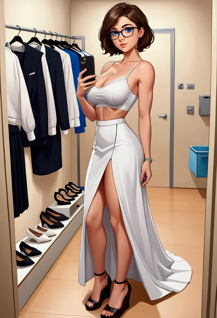 20 years old woman, Short brown hair, Mediterranean with blue eyes, Generous and heavy breasts, slender waist, definition of l'estomac, fesses rebondies et pulpeuses, naturally curved, muscular thighs, aguicheuse , blue eye, lunettes, fitting room, white long skirt, wedge heels ,Selfie, black bra