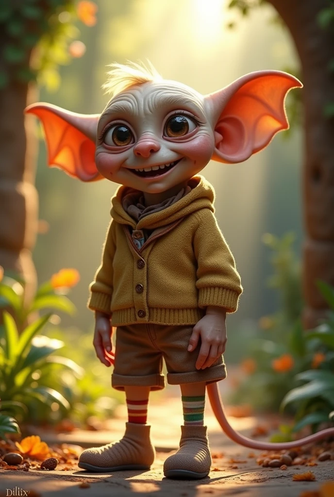 Create an image of Dobby from the movie harry potter with characteristics faithful to those of the film, but he is wearing clean clothes and is happy