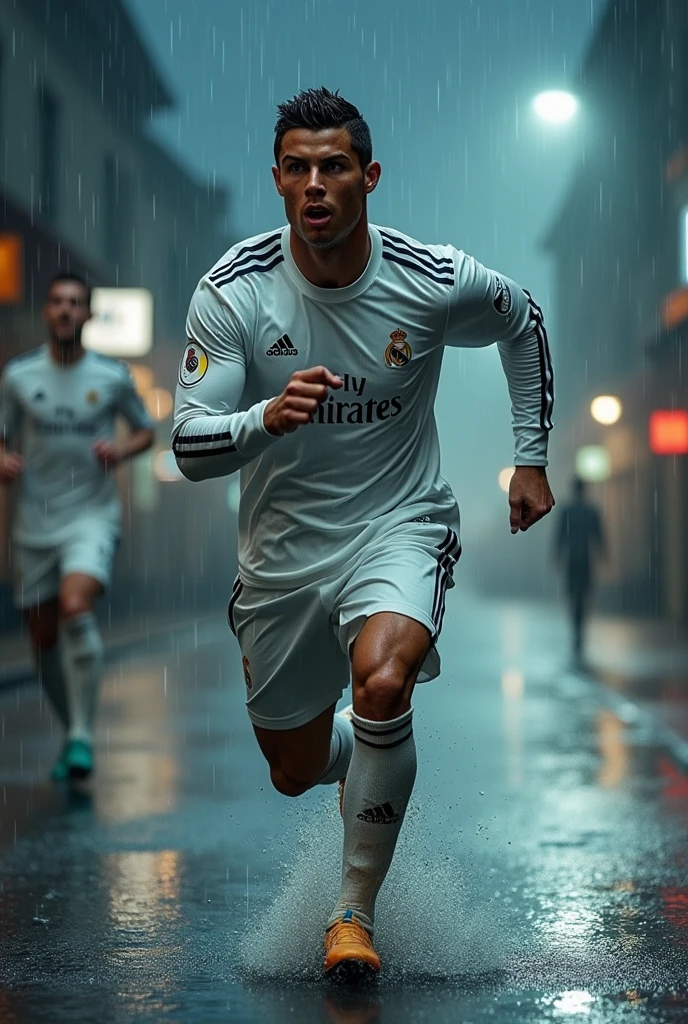 cristiano ronaldo real madrid kit 2018 running in the rain 
