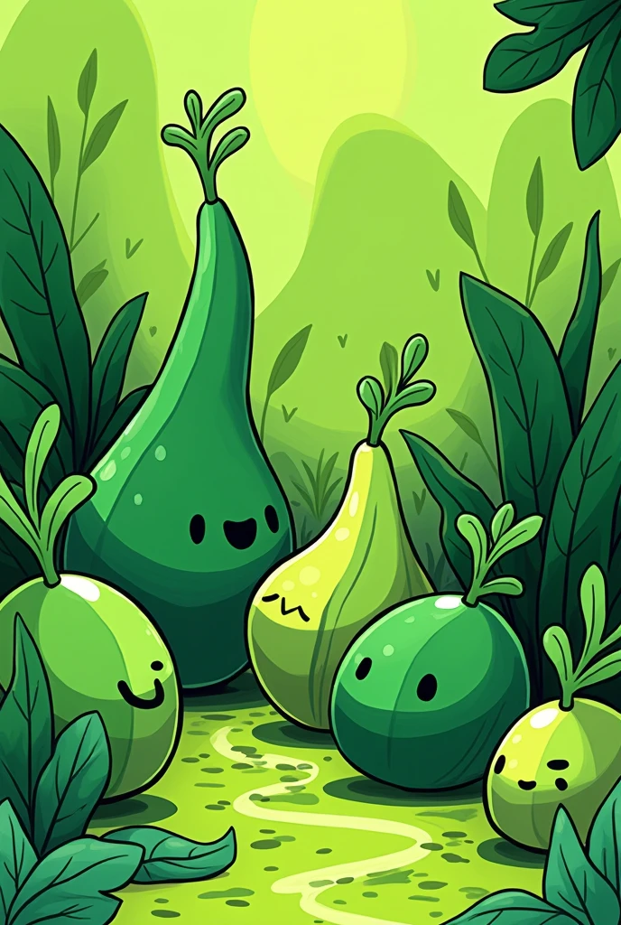 AB vegetables, green colors and black outline,
And foliage