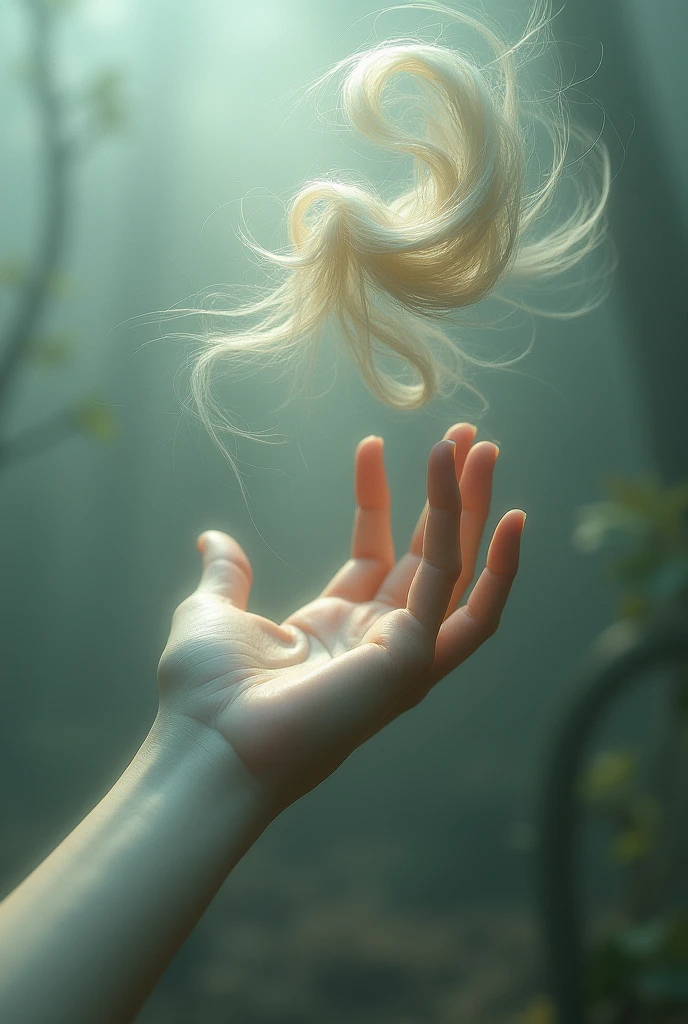 Image of hair with strands attached to a hanging hand.