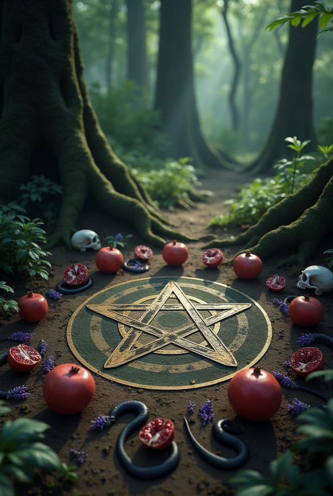 A pentagram drawn on the ground of a forest. In floor, there are pomegranates, Lavender, black snakes and skulls