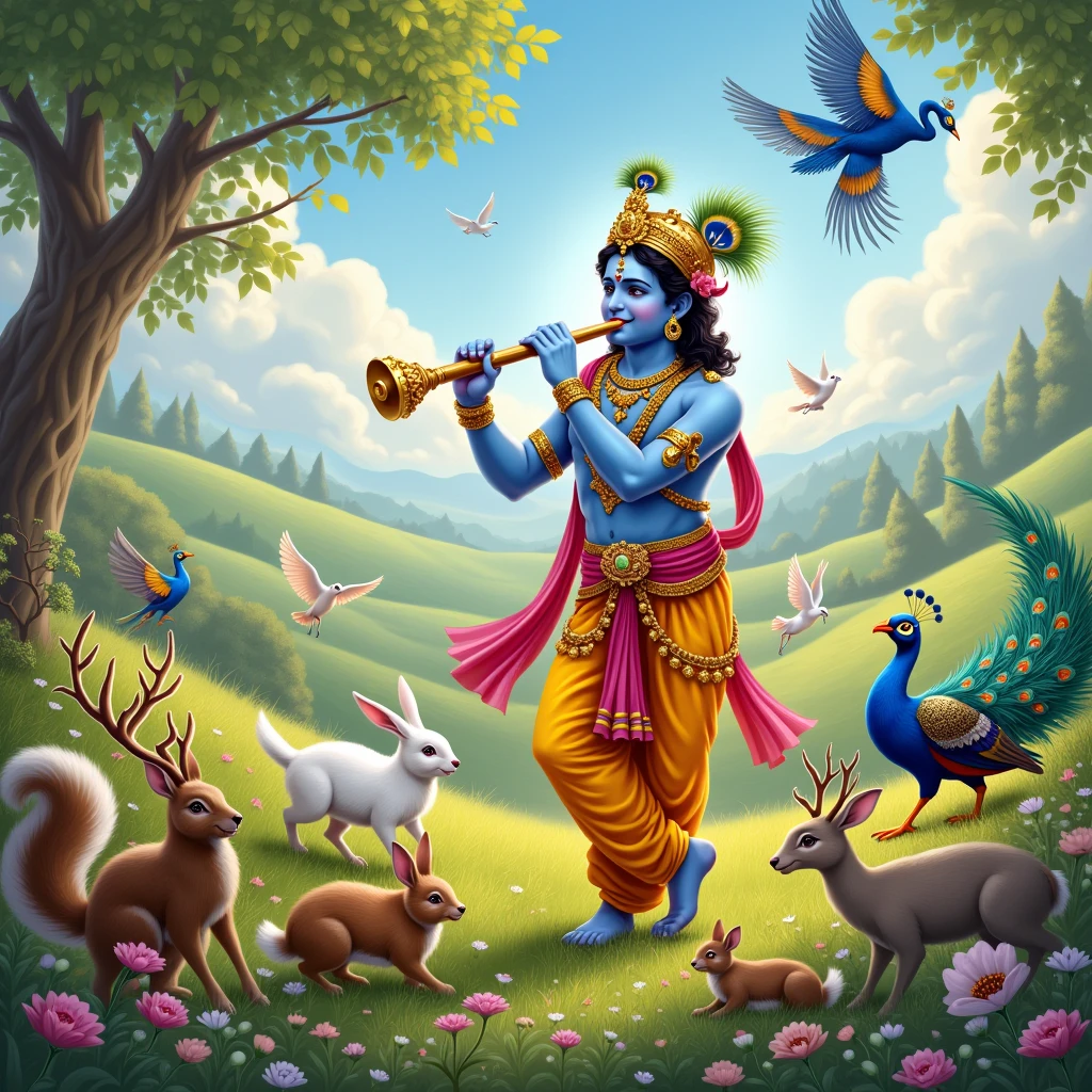 Create an image for phone wallpaper of lord krishna with flute in his hand and with shree radhika who stand aside of him and some animals like rabbits and squirrels and deers and some birds like peacocks and swans and parrots are moving around them