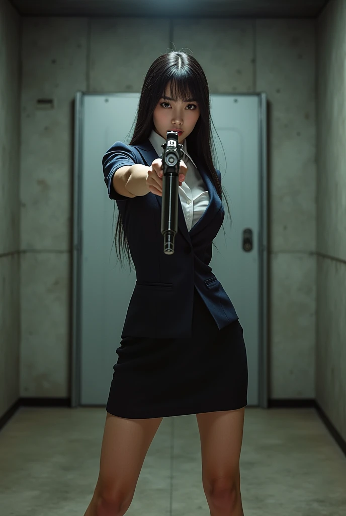 real person realistic beautiful japanese flight stewardess mini skirt standing stance legs open wide spreading full portrait holding rifle gun pointing at you front facing aiming at you shooting range sexy legs