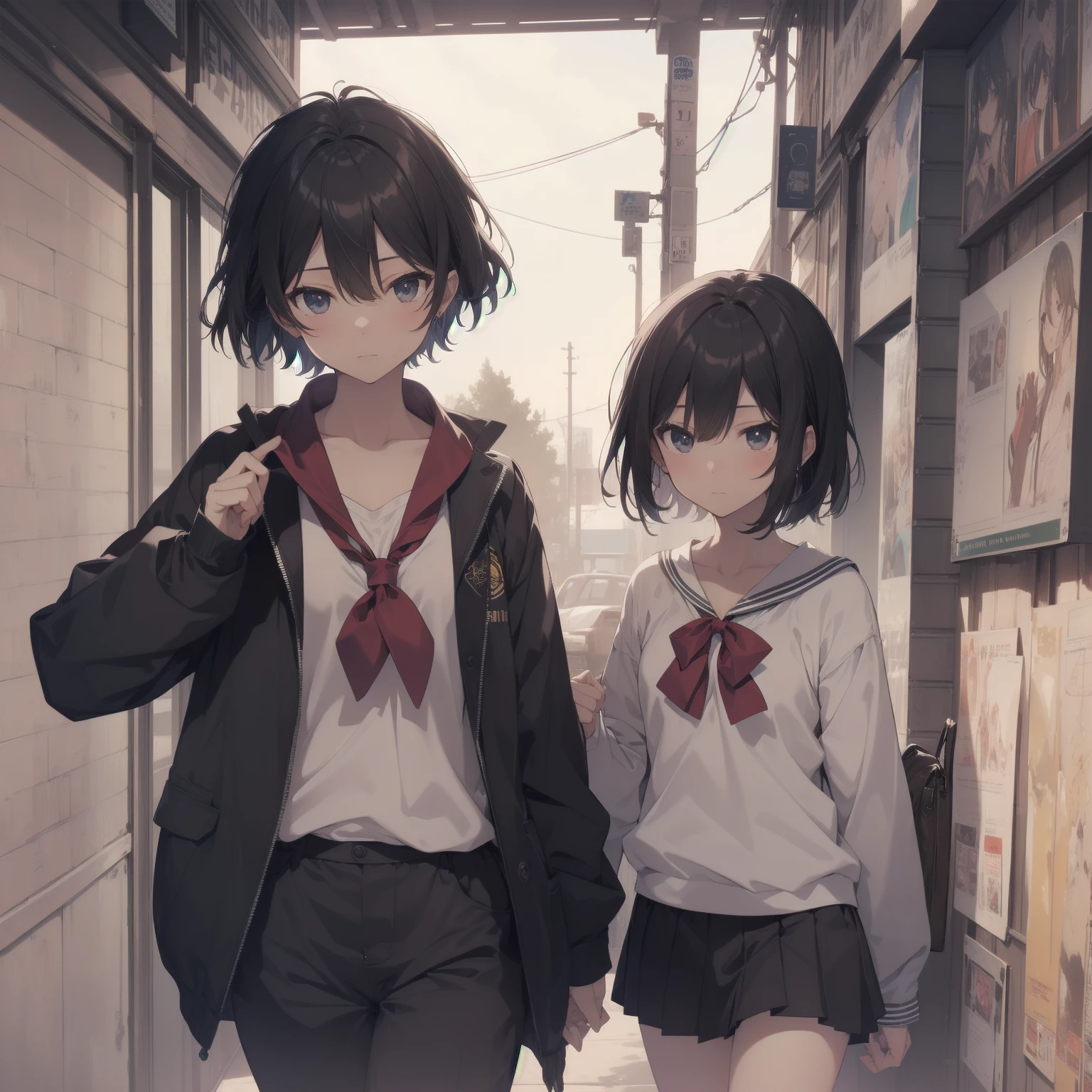 ultra-absurdres-Top quality by artist God, ultra-detailed, high resolution, anime moe artstyle, best anime 8k konachan wallpaper, pixiv contest winner, pool:2810, perfect anatomy,break, 1girl, (Please draw a girl walking sleepily to school alone. )break,(Solo,little female,15yo:1.3),Full limbs, ,a junior high school student, (very short hair), short cut, flat chest, , small butt, small black eyes, beautiful detailed eyes, well-proportioned iris and pupils, expressive eyes, highres detailed hair, soft expression, salor school_uniform, sailor collar, serahuku, bow, pleated skirt,(Detailed Lighting), (Detailed background), in the School commute route. break,super detailed skin, Best cinematic lighting powered by famous artist, 8k,beauty illustration,photoshop_(medium),very aesthetic,break,((artist:takeuchi_takashi )), artist:clamp ,artist:carnelian ,artist:kantoku ,