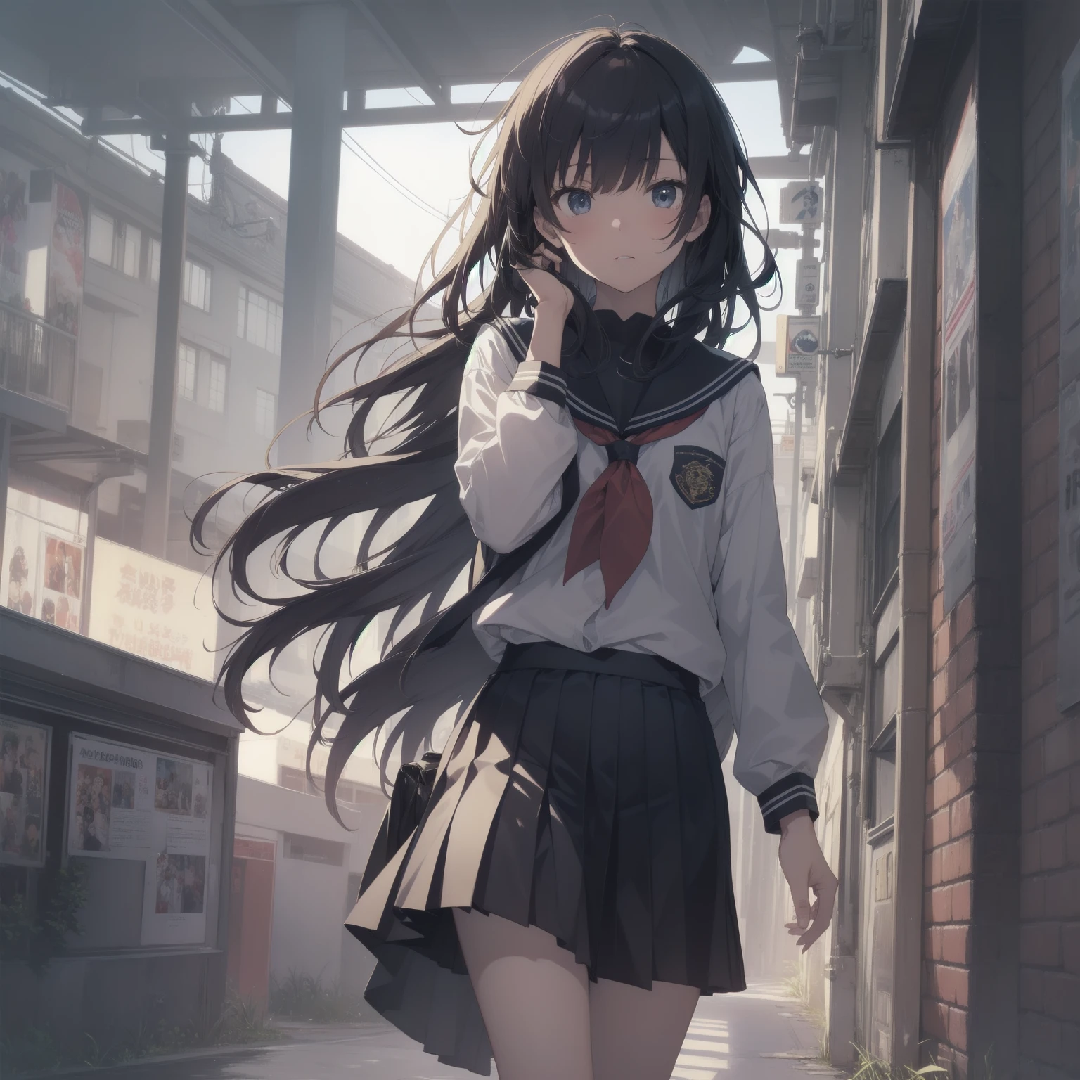 ultra-absurdres-Top quality by artist God, ultra-detailed, high resolution, anime moe artstyle, best anime 8k konachan wallpaper, pixiv contest winner, pool:2810, perfect anatomy,break, 1girl, (Please draw a girl walking sleepily to school alone. )break,(Solo,little female,15yo:1.3),Full limbs, ,a junior high school student, (very short hair), short cut, flat chest, , small butt, small black eyes, beautiful detailed eyes, well-proportioned iris and pupils, expressive eyes, highres detailed hair, soft expression, salor school_uniform, sailor collar, serahuku, bow, pleated skirt,(Detailed Lighting), (Detailed background), in the School commute route. break,super detailed skin, Best cinematic lighting powered by famous artist, 8k,beauty illustration,photoshop_(medium),very aesthetic,break,((artist:takeuchi_takashi )), artist:clamp ,artist:carnelian ,artist:kantoku ,