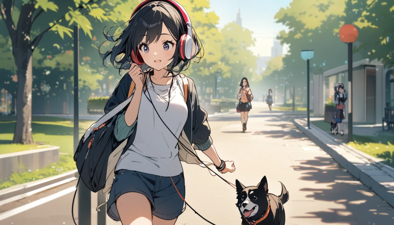 A woman with black hair and cute clothes walking her dog in the park,Streetscape、Listening to music with headphones、Japanese