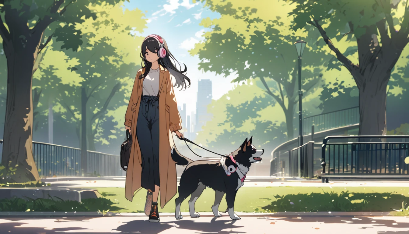 A woman with black hair and cute clothes walking her dog in the park,Streetscape、Listening to music with headphones、Japanese