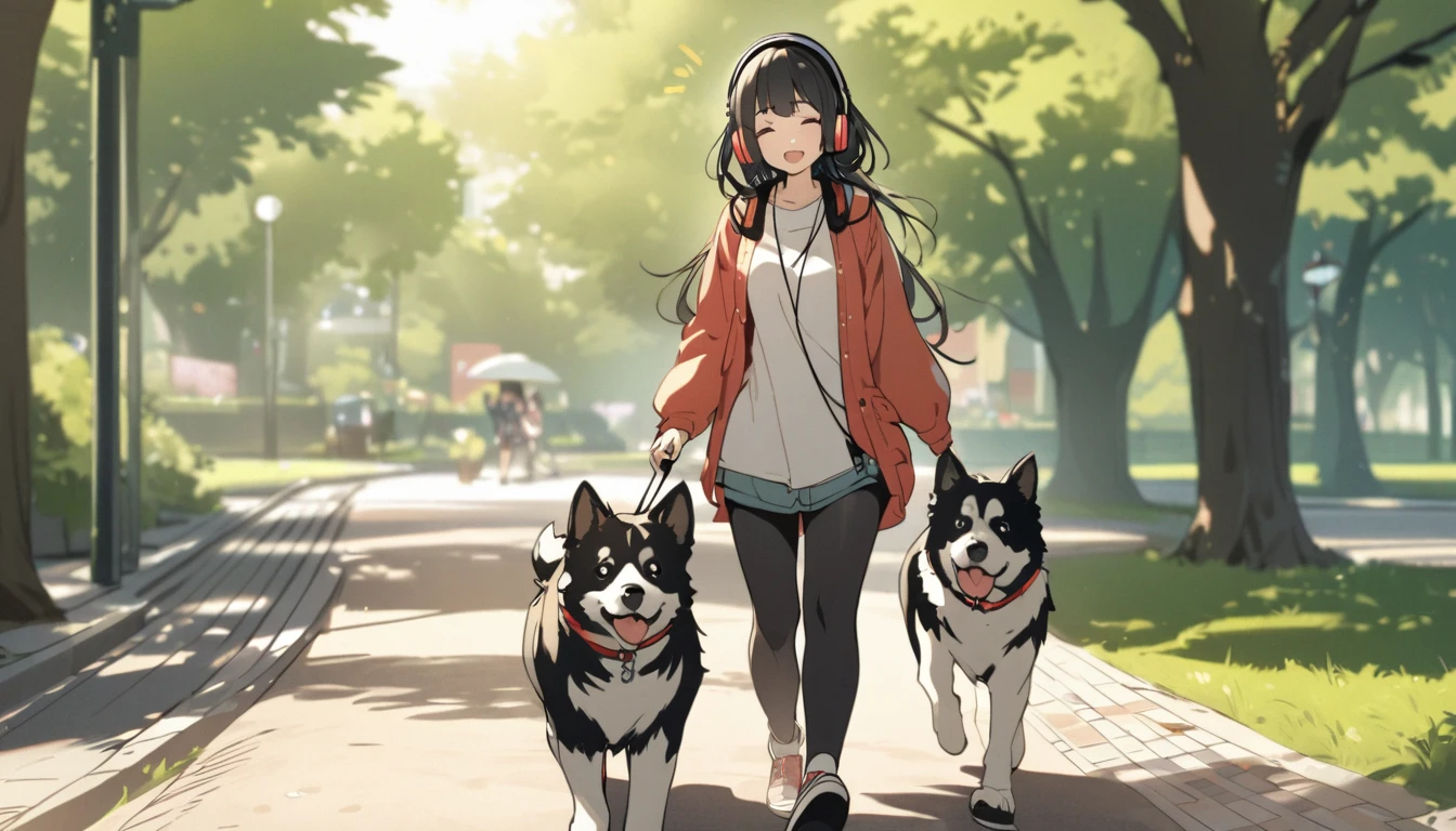 A woman with black hair and cute clothes walking her dog in the park,Streetscape、Listening to music with headphones、Japanese