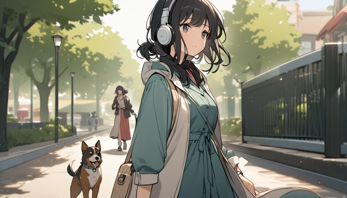 A woman with black hair and cute clothes walking her dog in the park,Streetscape、Listening to music with headphones、Japanese