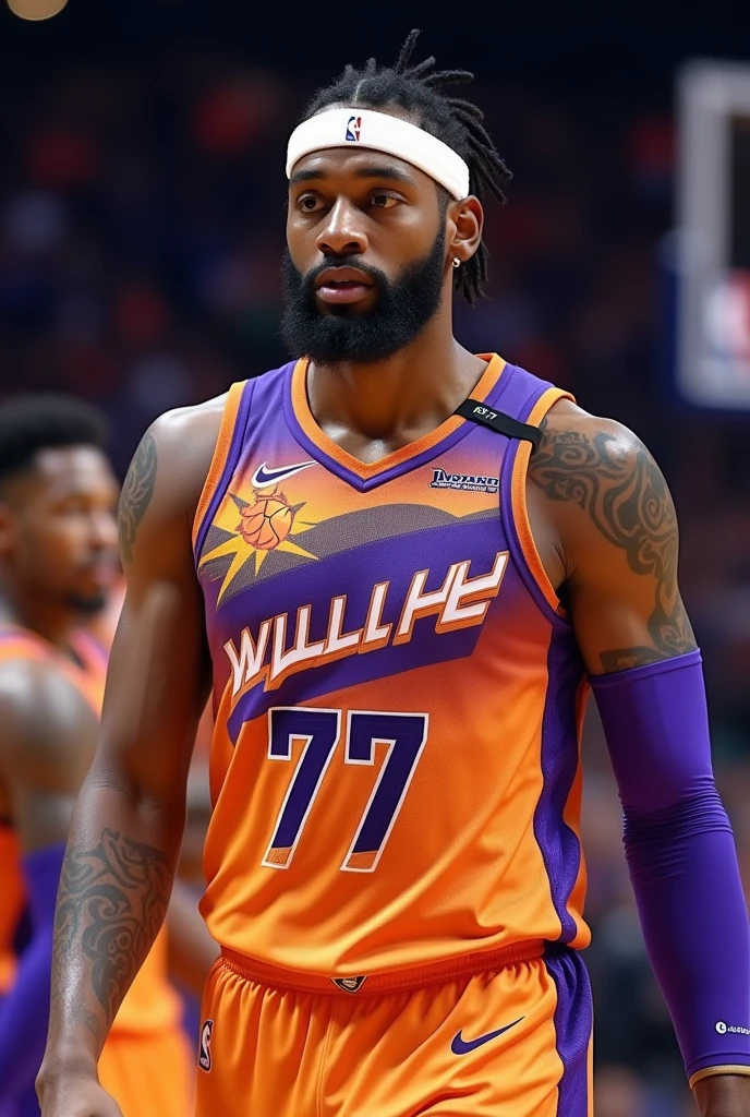 Basketball player, phoenix suns, wears a cuff on his right arm, Short cornrows on the head with a headband on the forehead, male, shipowner, face similar to Jayson Tatum, no tattoo , on the court, Number 77, beard made

