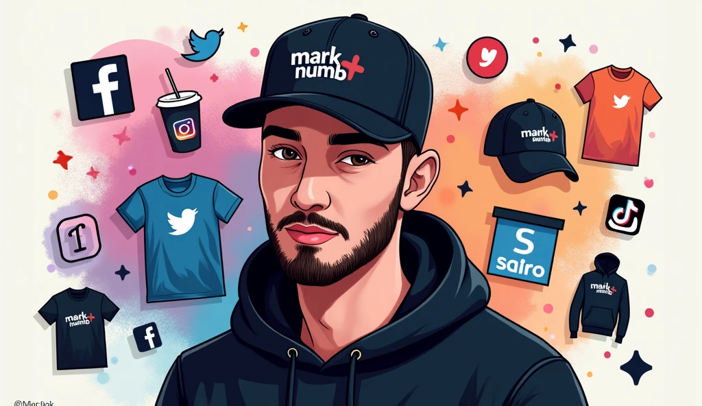 Create a social media profile photo for A young man with a beard and black basketball hat with the logo "Mark Numhb " with Facebook icon,Twitter icon ,Instagram icon ,twitter icon and tiktok icon where the person completes the design and puts them Vectors, Vector T-shirts, Vector Cups, Vector sticker,Vector Caps and Vector Hoodies Sell online 
