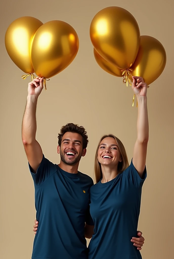 Couple wearing dark blue t-shirts holding golden balloons cheering