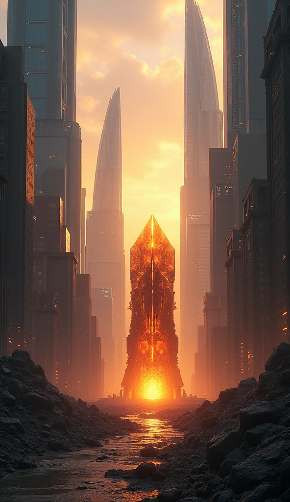 Prompt: "Generate an ultra-realistic image of a futuristic city at dawn, where a dormant, ancient artifact starts to glow ominously. The city is a blend of sleek skyscrapers and crumbling ruins, bathed in the first light of the day. Use 4K rendering to capture the contrast between the futuristic and decayed elements, and the artifact’s mystical aura