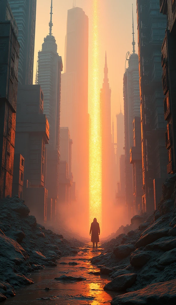 Prompt: "Generate an ultra-realistic image of a futuristic city at dawn, where a dormant, ancient artifact starts to glow ominously. The city is a blend of sleek skyscrapers and crumbling ruins, bathed in the first light of the day. Use 4K rendering to capture the contrast between the futuristic and decayed elements, and the artifact’s mystical aura