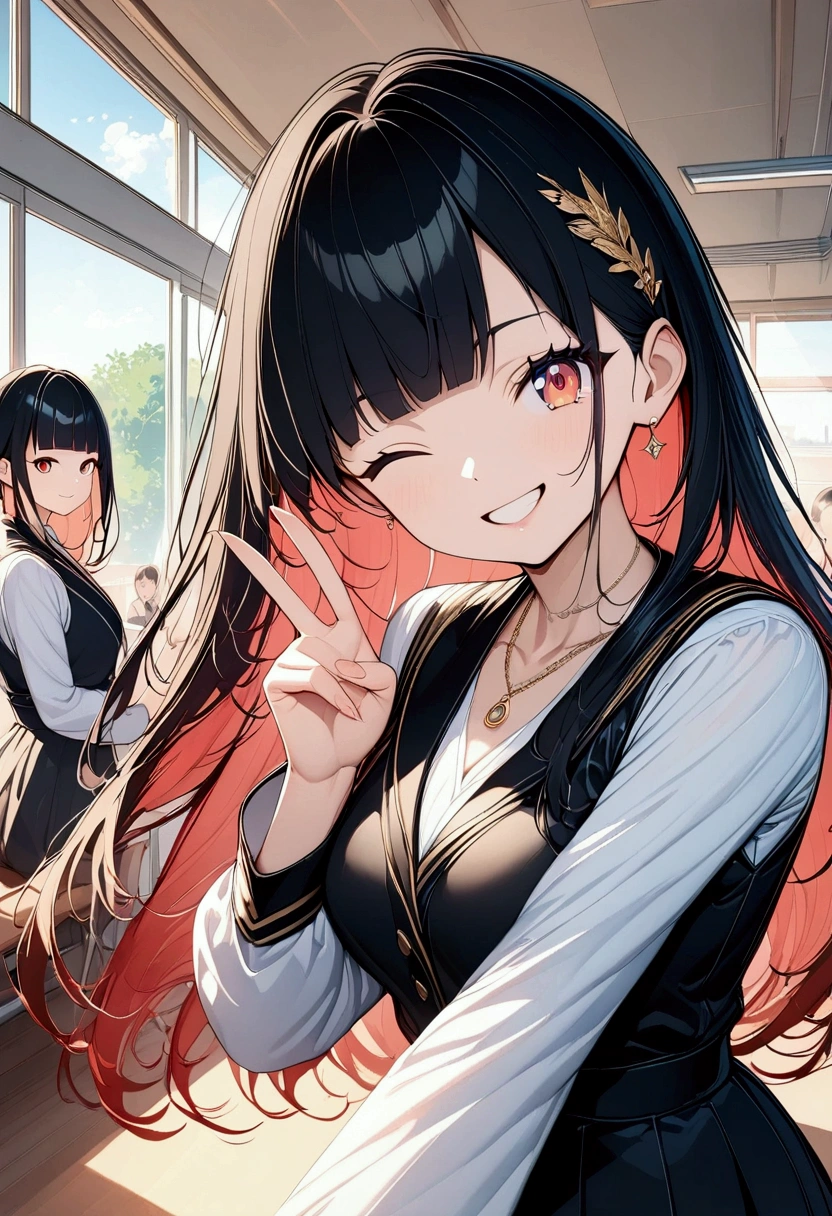 (((anime))) A woman with one eye closed,Gal,Long Hair,(Black Hair),Diagonal bangs,necklace,smile,Showing teeth,Red eyes,Big eyes,uniform,Volume sleeve,peace sign,classroom,sunlight,masterpiece,Highest quality,Exquisite,8k,Absurd,Ultra-fine illustrations,(View your viewers)