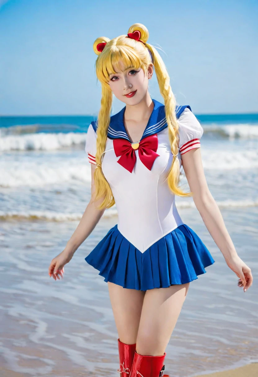 A realistic photograph of a beautiful woman dressed in a Sailor Moon cosplay, posing confidently on a sunny beach during midday. She has long, flowing blonde hair styled in twin buns with pigtails, capturing the iconic look of Sailor Moon. She is wearing a detailed and vibrant Sailor Moon outfit with a white leotard, a blue collar with a red bow, a short blue skirt, and red knee-high boots. The scene is set against a bright blue sky, with natural sunlight casting soft, flattering shadows and highlights on her skin. The ocean waves gently crash in the background, creating a serene yet dynamic setting. Emphasize her elegance and charm, with a focus on her joyful expression and the vivid colors of her cosplay. The overall atmosphere is bright, lively, and cheerful, highlighting her beauty and the natural beach environment.