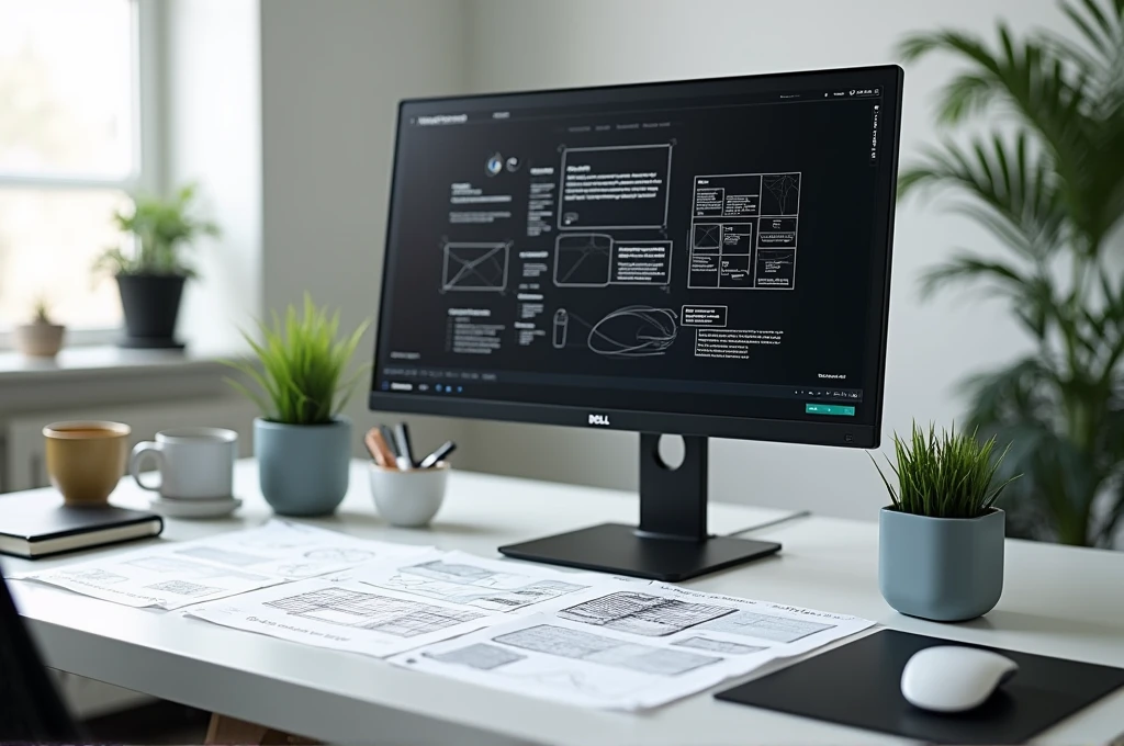 A table with wireframe sketches of screens by a UXer Designer and a DELL black monitor with a prototype being made on the screen. Do not place people in the image. High resolution image, 4k.