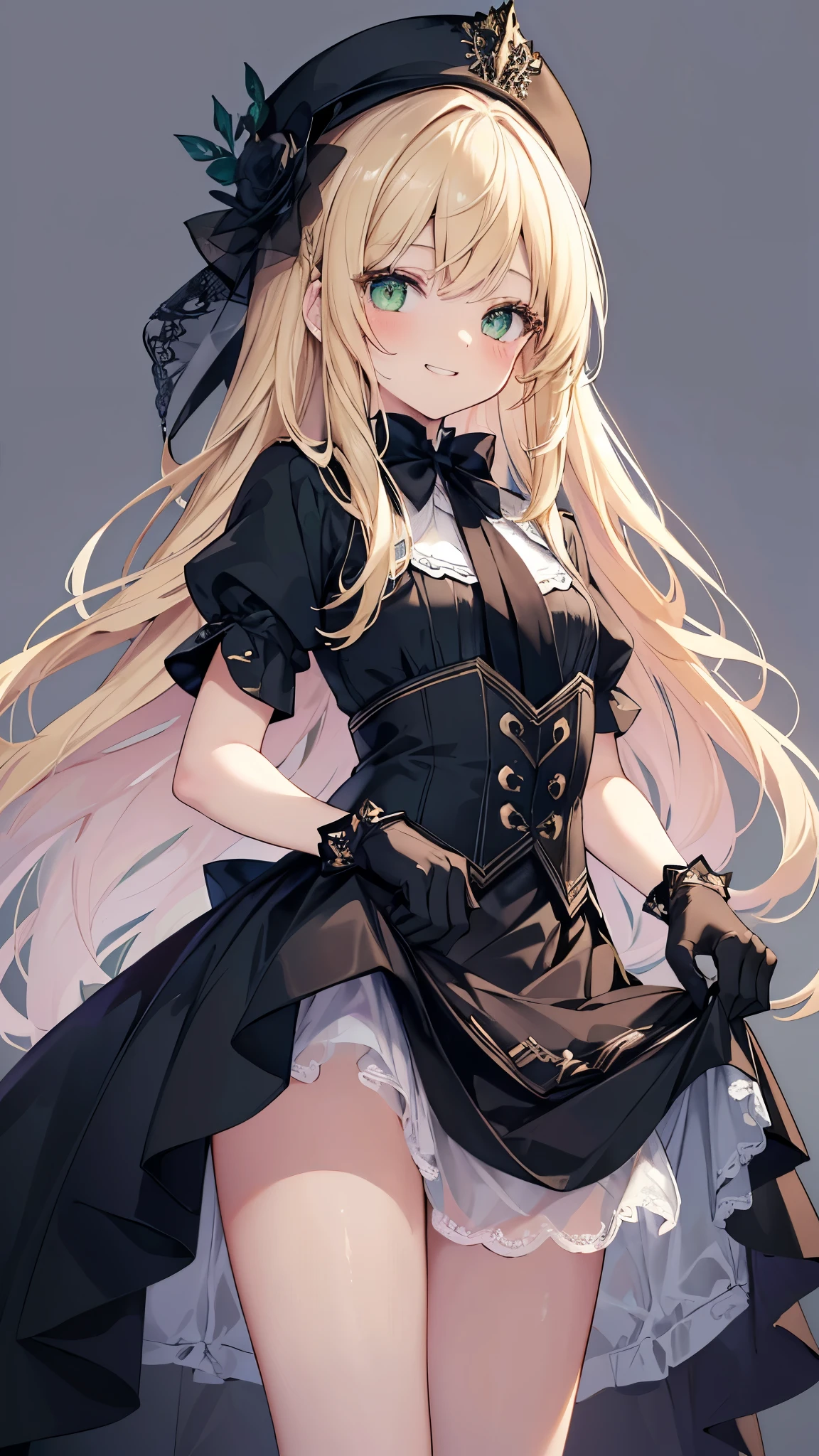(masterpiece), (best quality), (ultra-detailed), (illustration), (an extremely delicate and beautiful), 1girl, solo, long hair, looking at viewer, blush, smile, skirt, blonde hair, simple background, gloves, hat, green eyes, black gloves, black skirt, clothes lift, grin, flat chest, , black headwear, bandaid