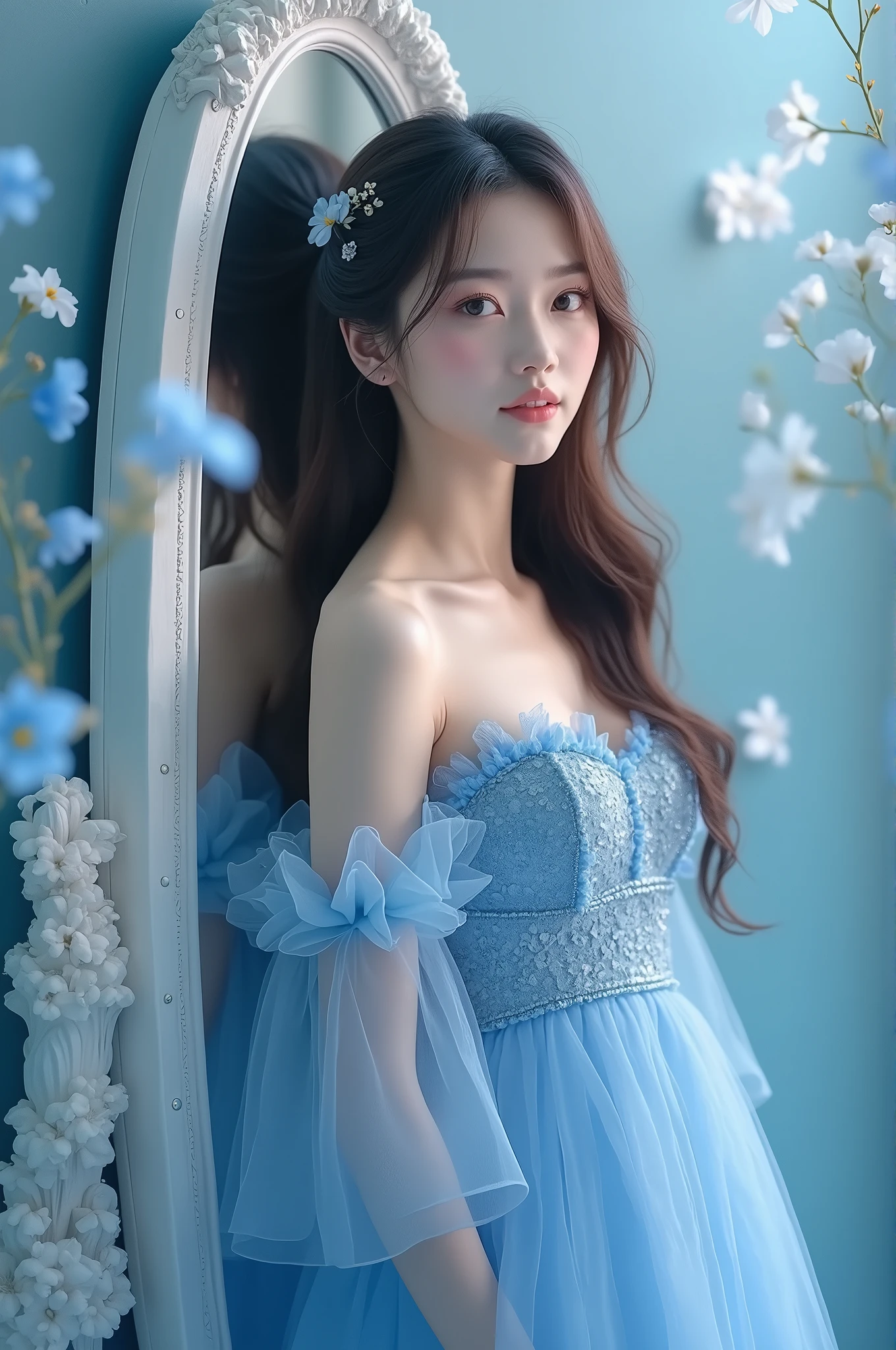 a close up of a asian girl in a blue dress standing in front of a mirror, trending on cgstation, duy beni serial, dang my linh, banner, with a thin waist, trending at cgstation, banner, flower garden behind models, blue flowers, light blue background, beautiful girls, realistic style