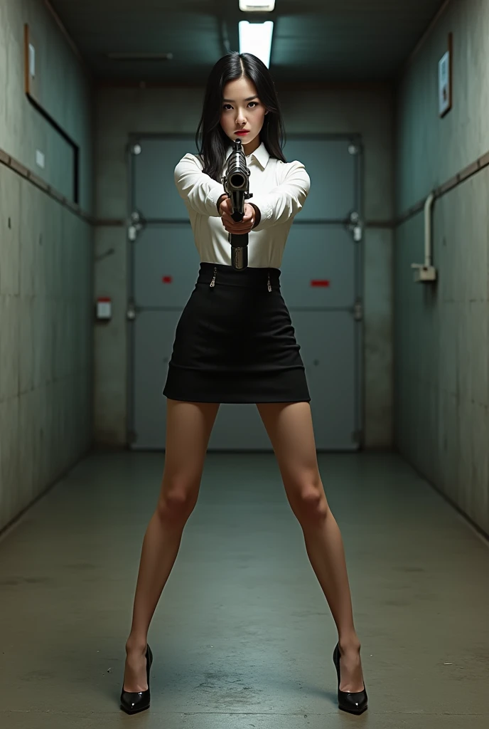 real person realistic beautiful japanese flight stewardess mini skirt standing stance legs open wide spreading full portrait holding rifle gun pointing at you front facing aiming at you shooting range sexy legs