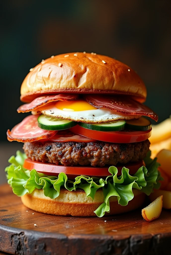 Create a burger that has tomato, lettuce, cucumbers, meat, egg, mortadella and some potatoes