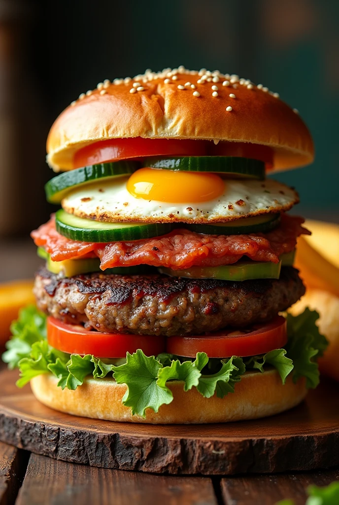 Create a burger that has tomato, lettuce, cucumbers, meat, egg, mortadella and some potatoes