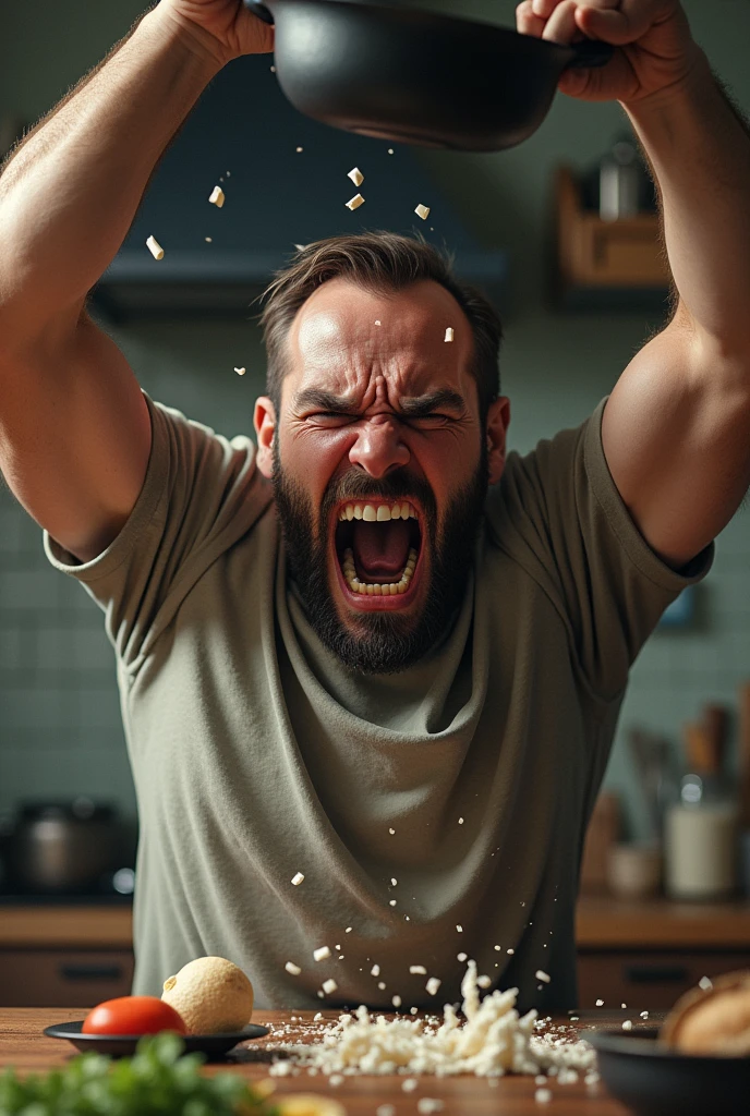 man breaking frying pan in anger
