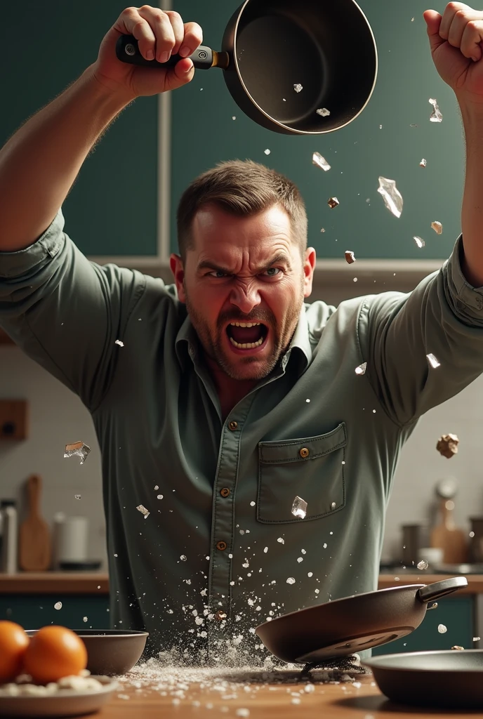 man breaking frying pan in anger