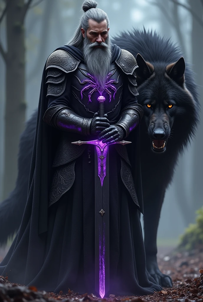 a 40 year old paladin, 1,88 tall, fair-skinned human, Long gray hair tied in a bun, He has a full, greybeard. This warrior is dressed in black armor, with carved arachnid details, this armor has a purple glow, emanating an evil presence. The Paladin has in his eyes, An expression of vengeance. Their hands are intertwined, resting on a long black sword., nailed to the ground. At his side a giant dire wolf, as big as the Paladin, by the black ones like the night growling, the wolf wears armor 

