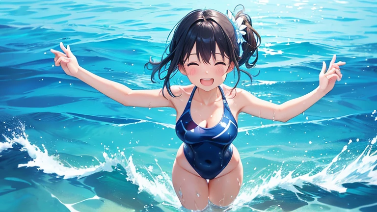 A woman wearing a separate swimsuit、Please draw an illustration of someone playing in the ocean while holding on to a swim ring.。The woman is laughing cheerfully、Having fun in the crystal clear water。In the background、It depicts the blue sea and a slightly rippling water surface.。