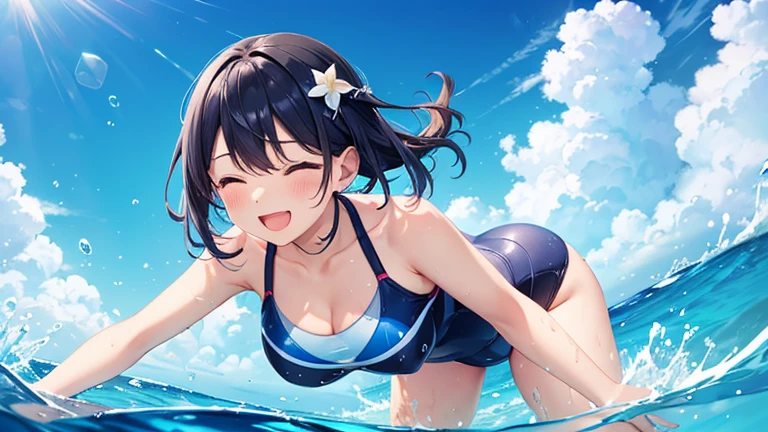 A woman wearing a separate swimsuit、Please draw an illustration of someone playing in the ocean while holding on to a swim ring.。The woman is laughing cheerfully、Having fun in the crystal clear water。In the background、It depicts the blue sea and a slightly rippling water surface.。