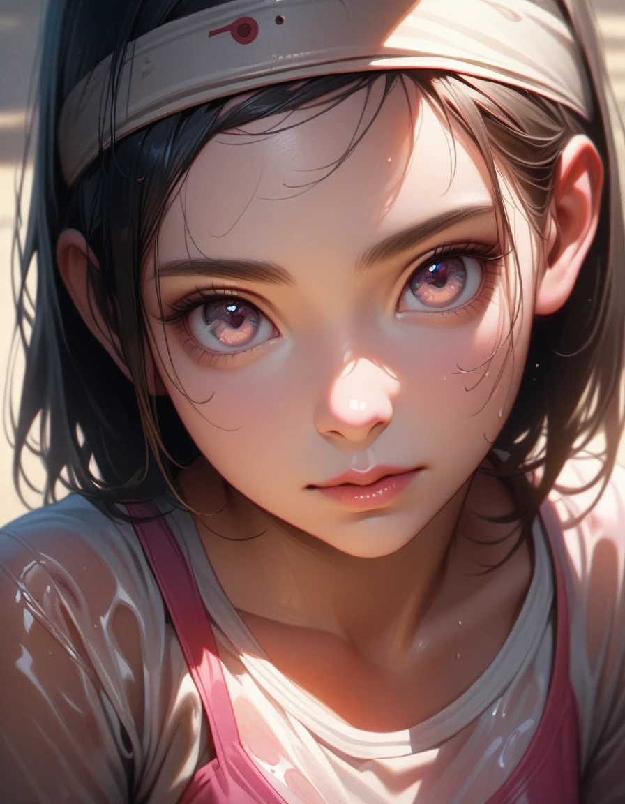 Anime girl in pink wet clothes, Realistic shadows, Delicate skin, The breasts are very small, Black Hair, Headband, Very detailed, 8k highly detailed face, Perfect face shape, Perfect lips, Perfect nose, Correction of beautiful eyes, Viewers, masterpiece, best quality, Single Girl, not good, No, Solitary